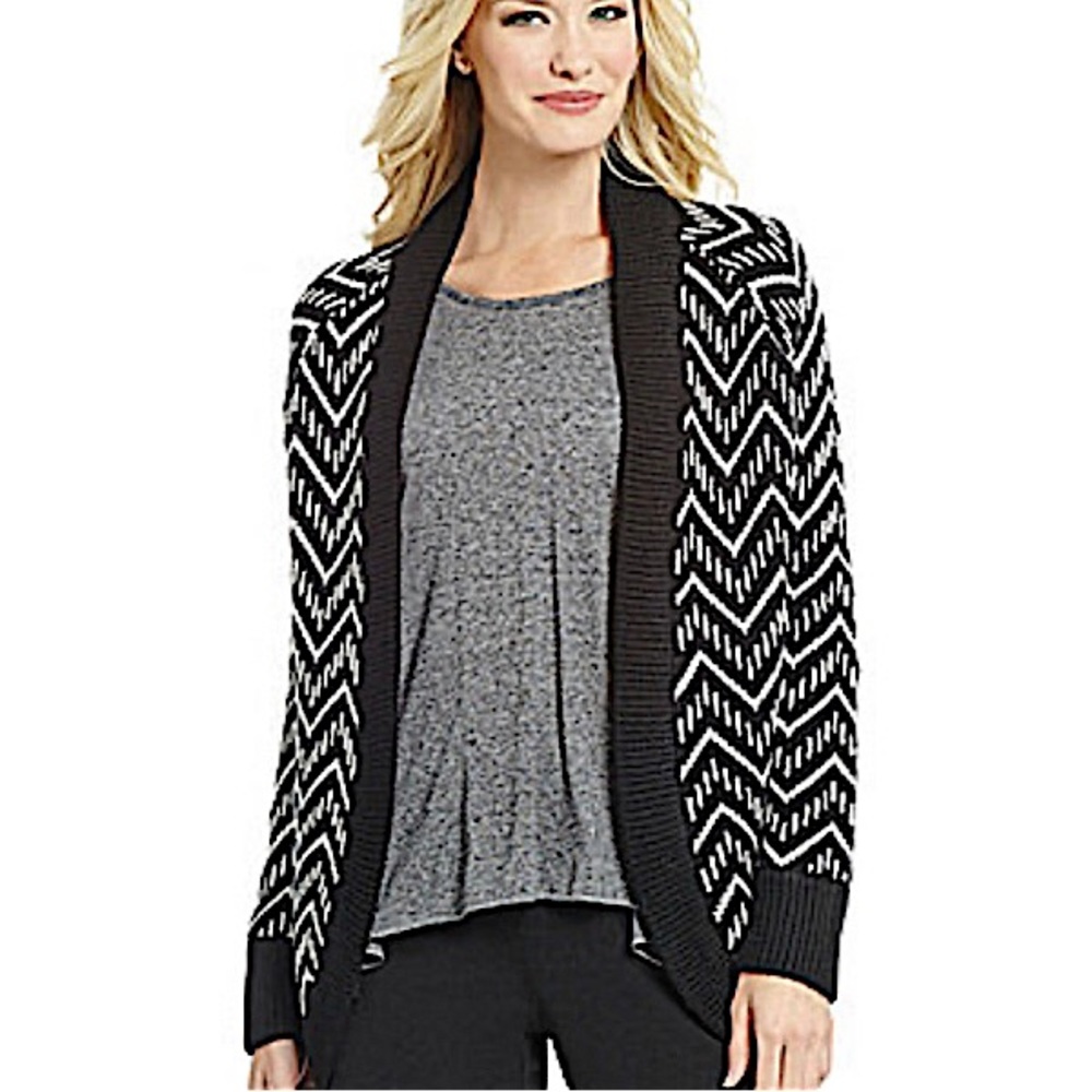 GIBSON LATIMER CARDIGAN SWEATER Black & White Ribbed Knit Draped Academia SZ L